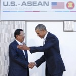 U.S. President Barack Obama welcomes Cambodia’s Prime Minister Hun Sen upon his arrival at Sunnylands for ASEAN summit in Rancho Mirage, California