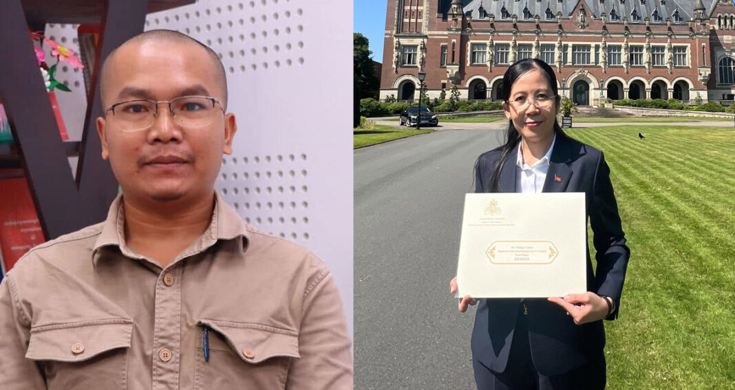 អ្នក​ឃ្លាំមើល​សង្គម លោក វ៉ន ចាន់ឡូត (រូប​ឆ្វេង) និង​អ្នកស្រី គឹមសួរ សុវណ្ណារី ឯកអគ្គរាជទូត​កម្ពុជា​ប្រចាំ​ប្រទេស​ហុឡង់ដ៍ ដែល​ប្រគល់​លិខិត​របស់​លោក ប្រាក់ សុខុន រដ្ឋមន្ត្រី​ការបរទេស និង​សហប្រតិបត្តិការ​អន្តរជាតិ ជូន​លោក Philippe GAUTIER ក្រឡា​បញ្ជី​នៃ​តុលាការ​យុត្តិធម៌​អន្តរជាតិ (ICJ) នៅ​ថ្ងៃទី​១៦ ខែ​មិថុនា ឆ្នាំ​២០២៥។