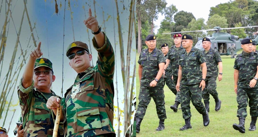លោក ហ៊ុន ម៉ាណែត (រូប​ឆ្វេង) នាយករដ្ឋមន្ត្រី​នៃ​ព្រះរាជាណាចក្រ​កម្ពុជា និង​មេបញ្ជាការ​ភូមិភាគ​២ នៃ​កងទ័ព​ថៃ លោក ប៊ុនស៊ីន ផាតក្លាង (Boonsin Padklang) (រូប​ខាង​ស្ដាំ​កណ្ដាល)