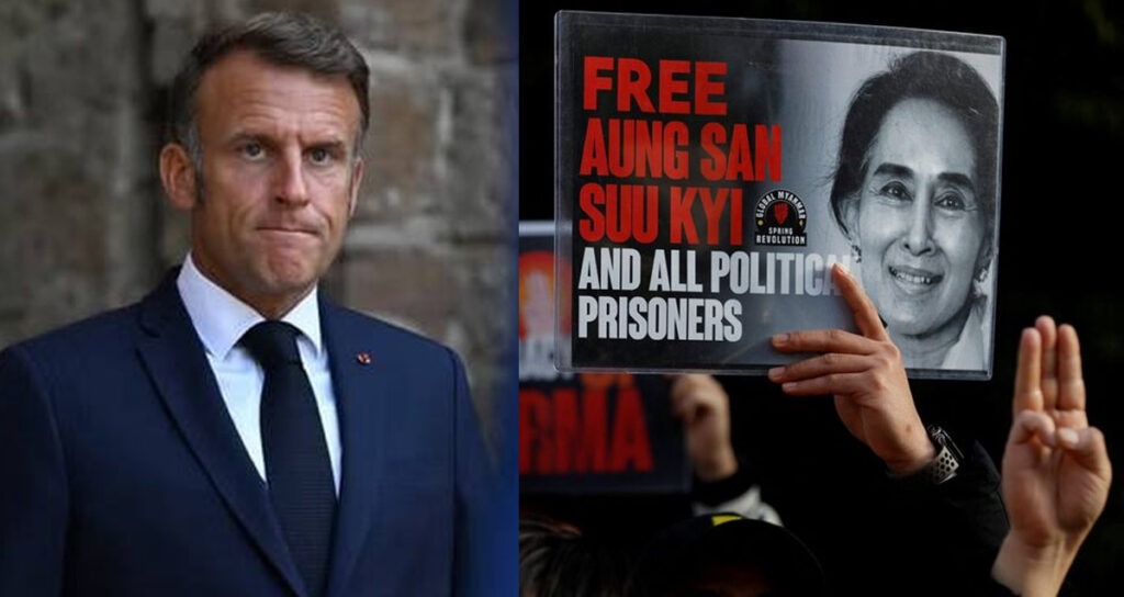 ប្រធានាធិបតីបារាំង លោក Emmanuel Macron និងរូបថតអ្នកស្រី អ៊ុងសាន ស៊ូជី