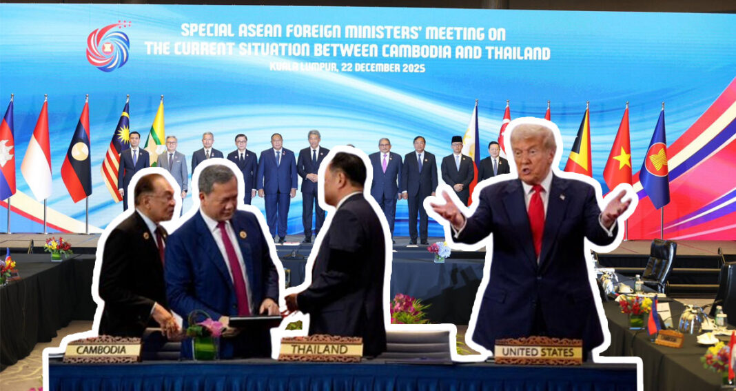 (រូប​ខាង​មុខ​ពី​ឆ្វេង) នាយករដ្ឋមន្ត្រី​ម៉ាឡេស៊ី លោក អាន់វ៉ា អ៊ីប្រាហ៊ីម នាយករដ្ឋមន្ត្រី​កម្ពុជា លោក ហ៊ុន ម៉ាណែត នាយករដ្ឋមន្ត្រី​ថៃ លោក អនុធីន ឆានវីរៈគុល (Anutin Charnvirakul) និង​លោក ដូណាល់ ត្រាំ (Donald Trump) ប្រធានាធិបតី​សហរដ្ឋ​អាមេរិក ក្នុង​ពិធី​ចុះហត្ថលេខា​លើ​កិច្ចព្រមព្រៀង​សន្តិភាព​នៅ​ប្រទេស​ម៉ាឡេស៊ី កាលពី​ថ្ងៃទី​២៦ ខែ​តុលា ឆ្នាំ​២០២៥ ចំណែក​រូប​ខាងក្រោយ​ជា​កិច្ចប្រជុំ​ពិសេស​របស់​រដ្ឋមន្ត្រី​ការបរទេស​អាស៊ាន នា​ទីក្រុង​កូឡាឡាំពួរ ប្រទេស​ម៉ាឡេស៊ី នៅ​ថ្ងៃទី​២២ ខែ​ធ្នូ ឆ្នាំ​២០២៥។