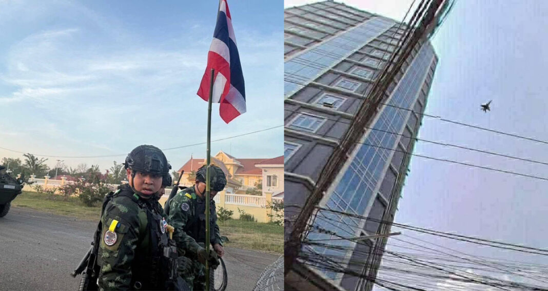 (រូប​ខាង​ឆ្វេង) យោធា​ថៃ បើក​រថក្រោះ​ចូល​ឈ្លានពាន​ដែន​អធិបតេយ្យ​របស់​កម្ពុជា និង (រូប​ខាង​ស្ដាំ) យន្តហោះ​ចម្បាំង F-16 របស់​ថៃ ហោះ​លើ​ភូមិសាស្ត្រ​ឃុំ​អូរបីជាន់ និង​ភូមិសាស្ត្រ​ប៉ោយប៉ែត កាលពី​ថ្ងៃទី​១០ ខែ​ធ្នូ ឆ្នាំ​២០២៥។