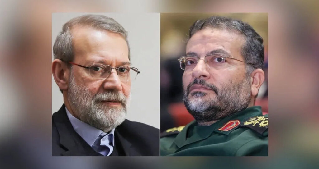 លោក Ali Larijani (រូប​ឆ្វេង) ប្រធាន​ក្រុមប្រឹក្សា​សន្តិសុខ​ជាតិ​អ៊ីរ៉ង់ និង​ឧត្ដមសេនីយ៍ Gholamreza Soleimani ជា​មេបញ្ជាការ​កងទ័ព​ប៉ារ៉ា